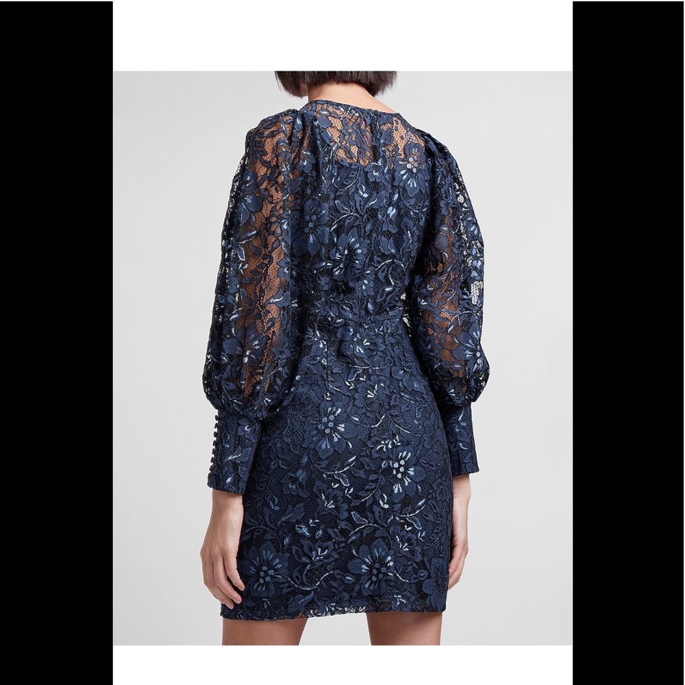 Express dark blue floral lace ballon sleeve dress
